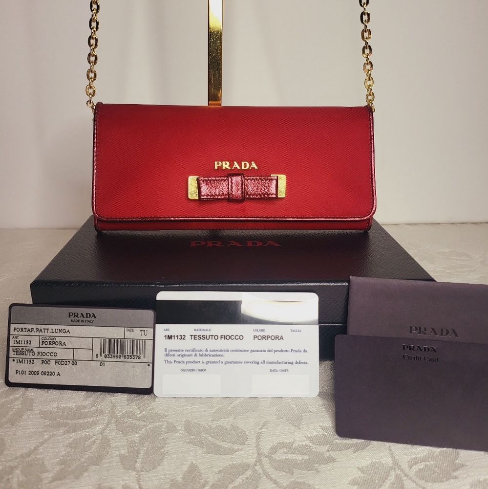 AUTHENTIC Prada Long Tessuto Burgundy Wallet Crossbody WOC